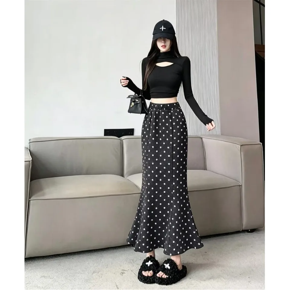 Retro Korean Polka Dot Tweed Fish Tail Half Skirt High Waist Bodycon A-Line Slim Fit Autumn Winter Long Skirt Casual Ladies