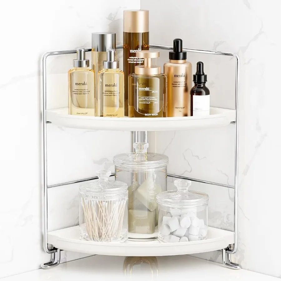 

2Tier Corner Bathroom Counter Organizer ToolLess Installation Vanity Shelf Small Plastics Countertop Makeup Tray Skincare Perfu
