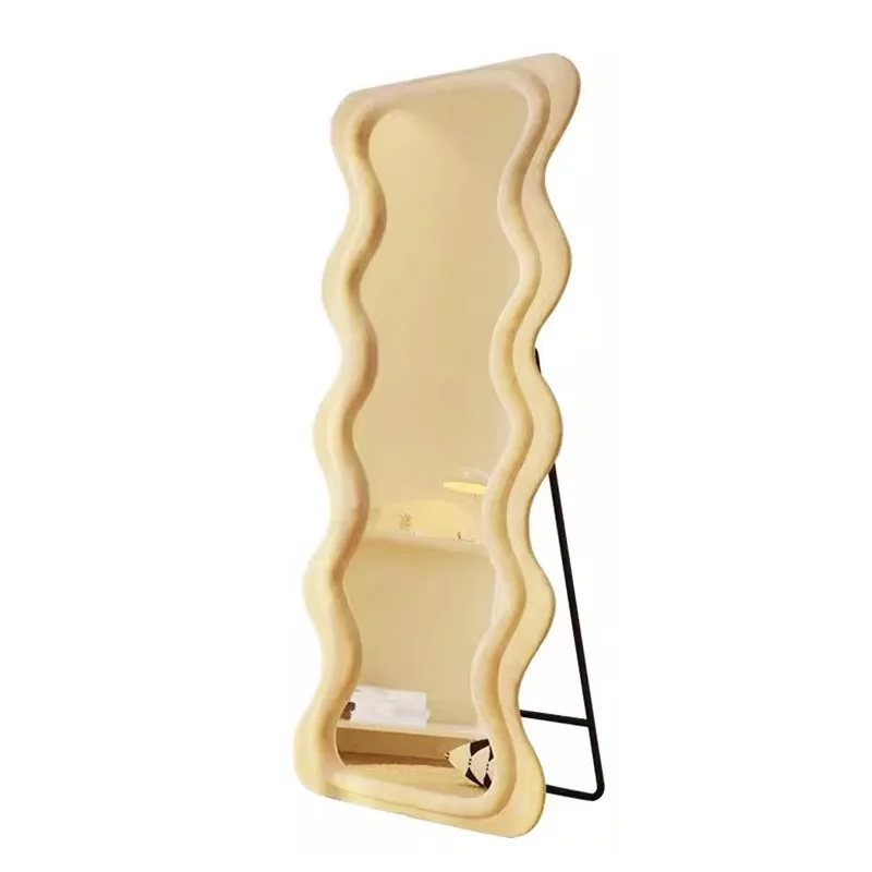 

Cream wind flat head wave mirror, full body, floor-to-ceiling household full-length mirror, girls' bedroom