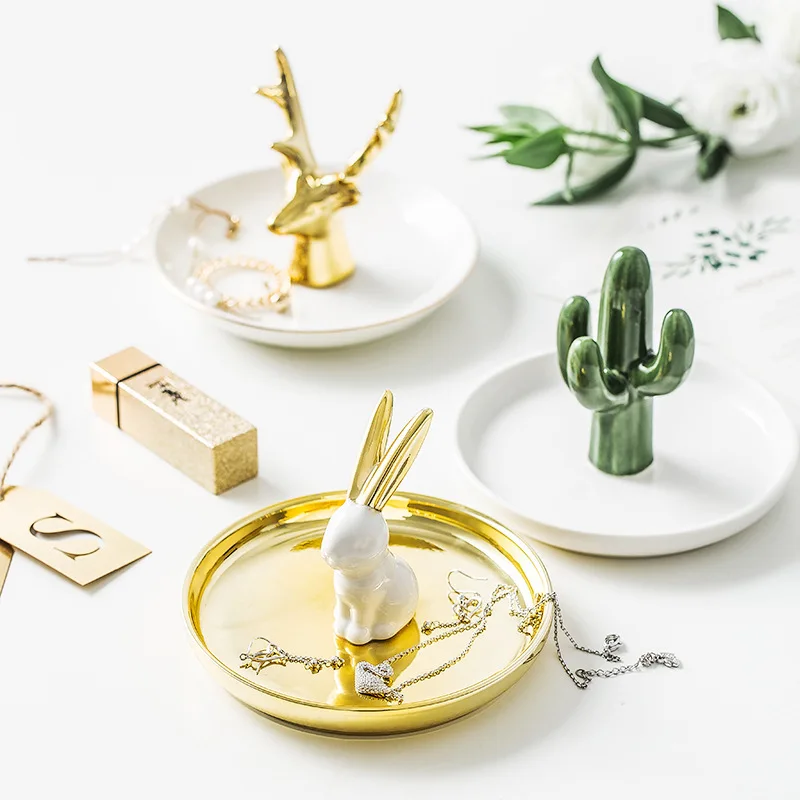 Nordic Ceramic Gold plating Small Jewelry Dish Earrings Necklace Ring Storage Plates Fruit Dessert