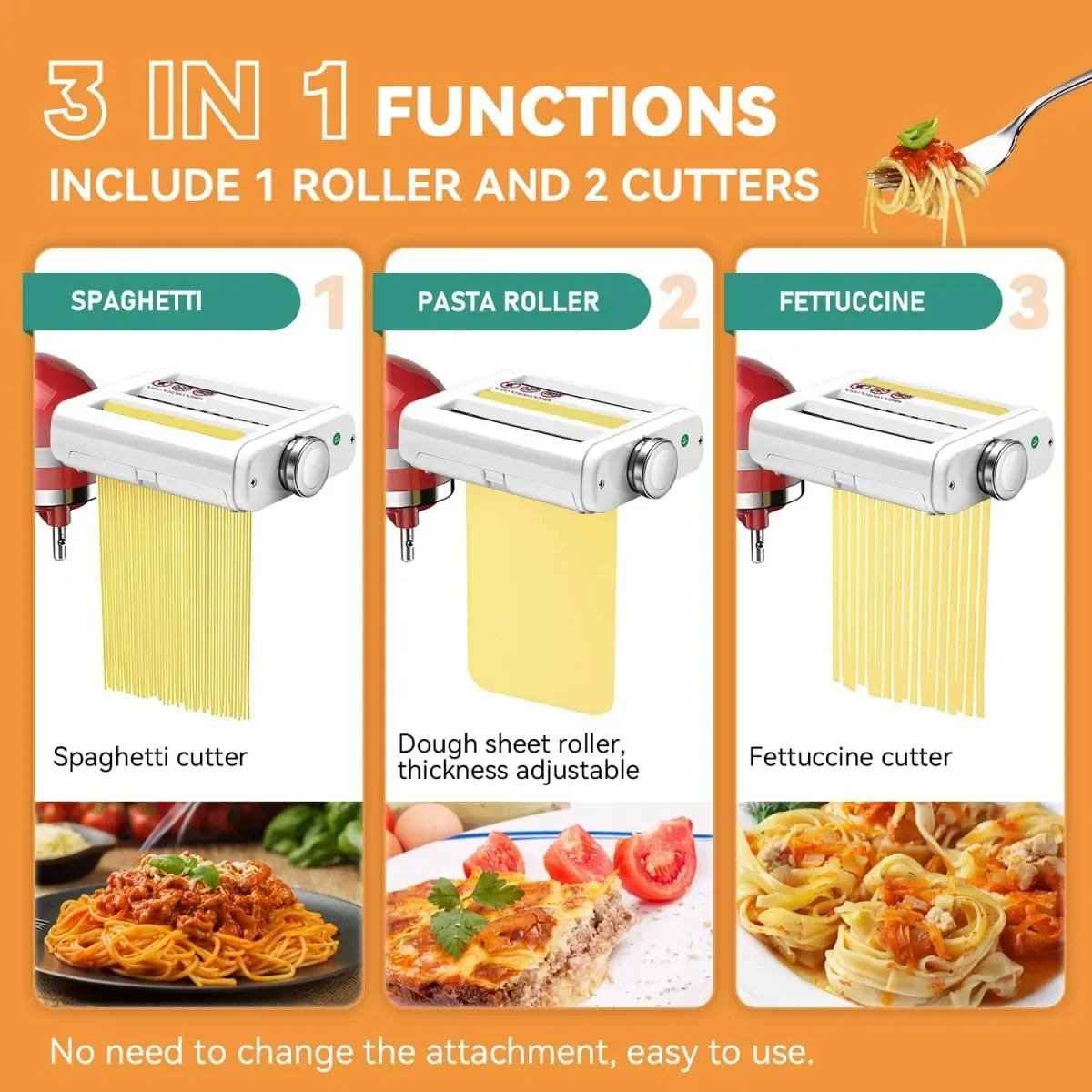 Applicable to3-in-1 Pasta Maker Attachment for Kitchen Aid Stand Mixers, Includes Pasta Roller, Spaghetti & Fettuccine Cutter