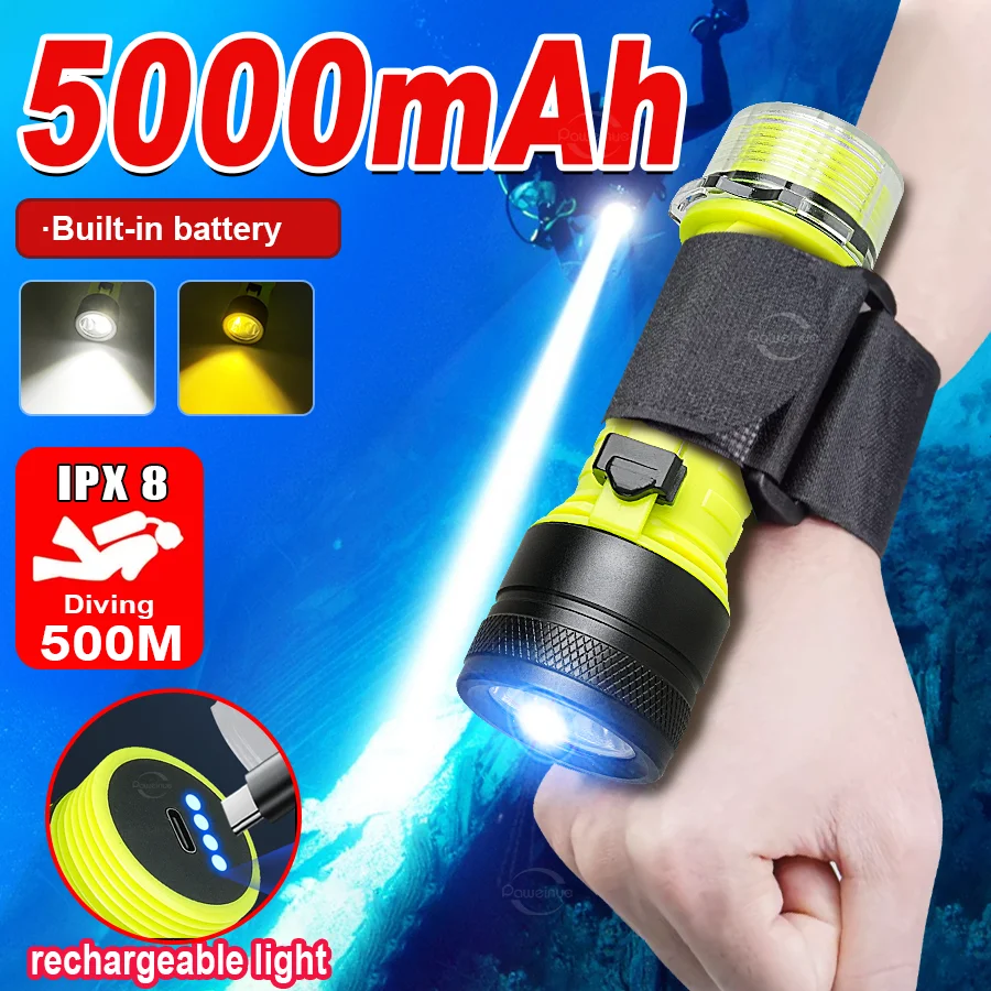 5000mAh Diving Flashlight 2*XHP50 LED Lantern Rechargeable Torch Light IPX8 Waterproof Professional Diving Scuba Flashlights