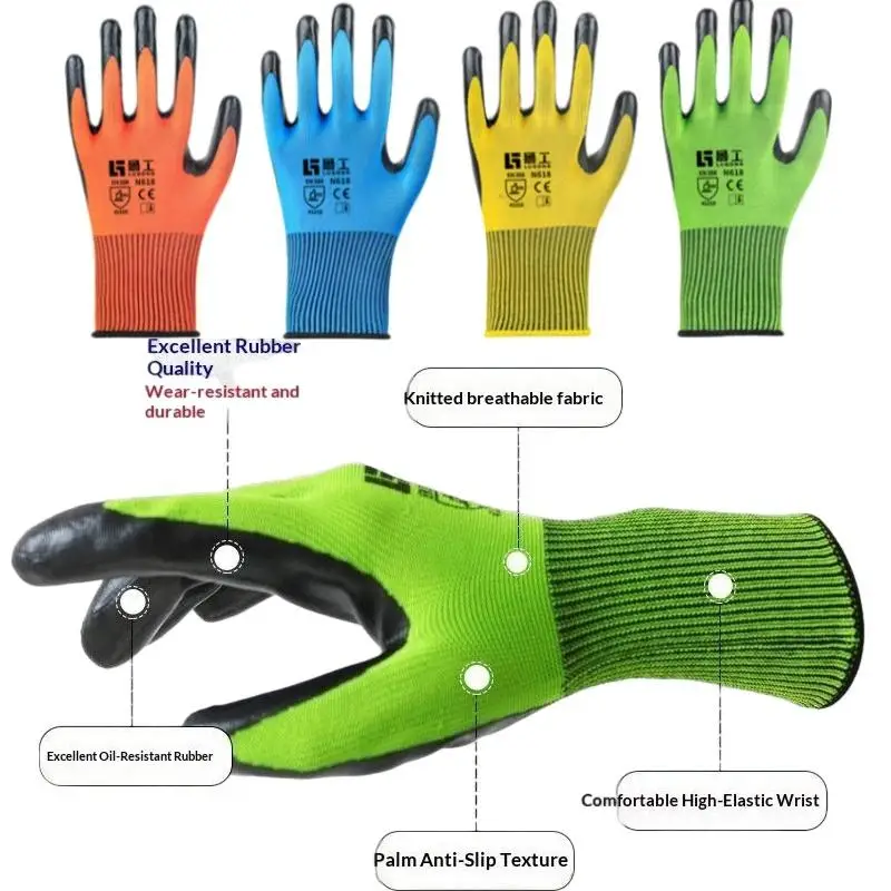 2/10 Pairs Oil Resistant Wear Resistant N618 Nylon Nitrile Dipped Work Gloves For Construction Auto Repair Factory