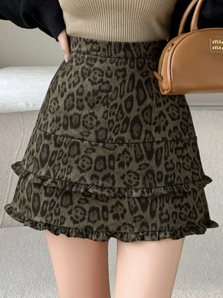 여성용 가을 겨울 하이웨이스트 A라인 스커트 백 지퍼 바디콘 케이크 스커트 패셔너블 레오파드 프린트 러플 숏 스커트