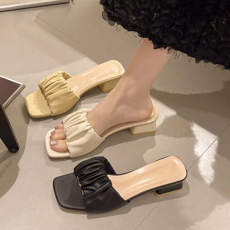 2024 New Summer Women Slippers Sandals Ladies Soft Comfortable  Pleate Sexy Thick High Heel Sandals Fashion High Heel Sandals