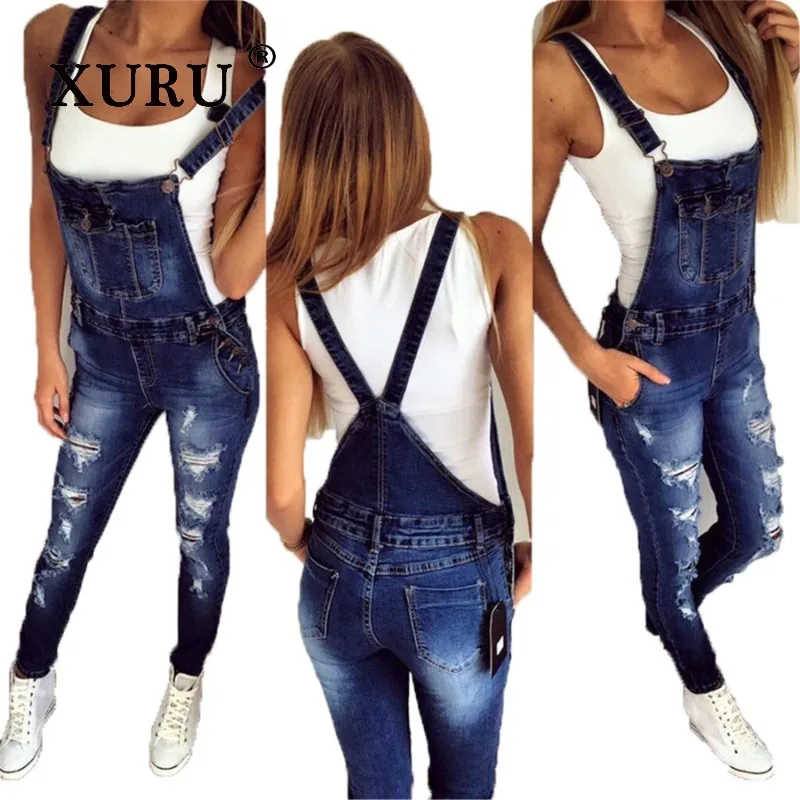 XURU-Suspenders Jeans for Women, Ripped Shoulder Straps, Back Hole, Long Jeans, Europe and The United States, K34-8047, New