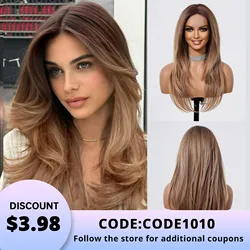 Realistic Wigs Layered Brown Highlight Lace Front Hairline Long Synthetic Wigs for Women Middle Parted Wigs Heat Resistant Hair