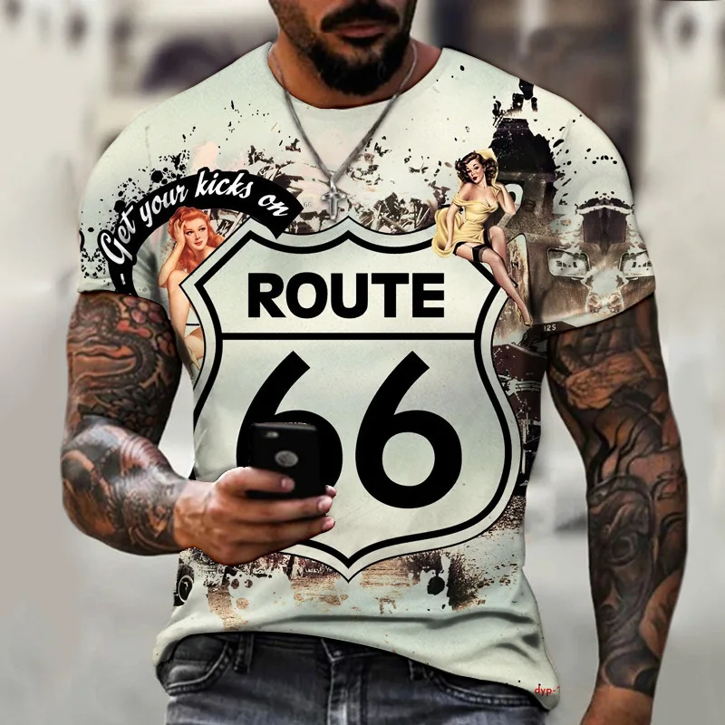 Camiseta con estampado 3D de Ruta 66 para hombres y niños: estampado 3D, cuello redondo ligeramente elástico, mangas cortas para verano de 2025-2026 al aire libre