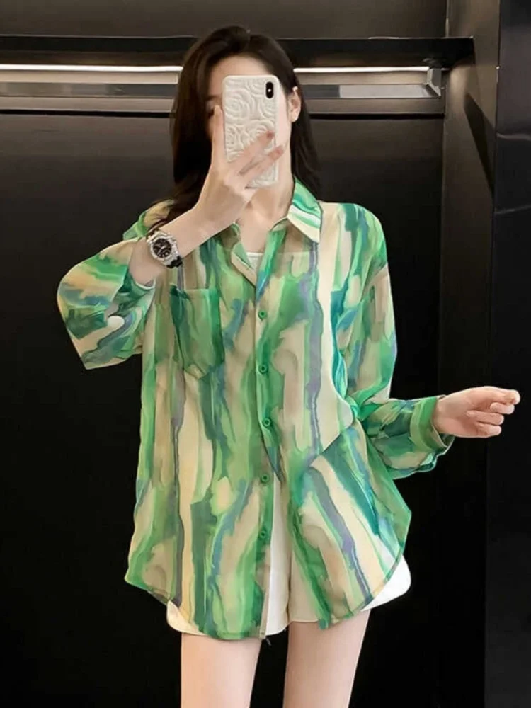 

Новая женская рубашка мятно-зеленого цвета с длинным рукавом и воротником, тонкая, с защитой от солнца, весна-лето 2026, большие размеры, нежная, с защитой от УФ-лучей