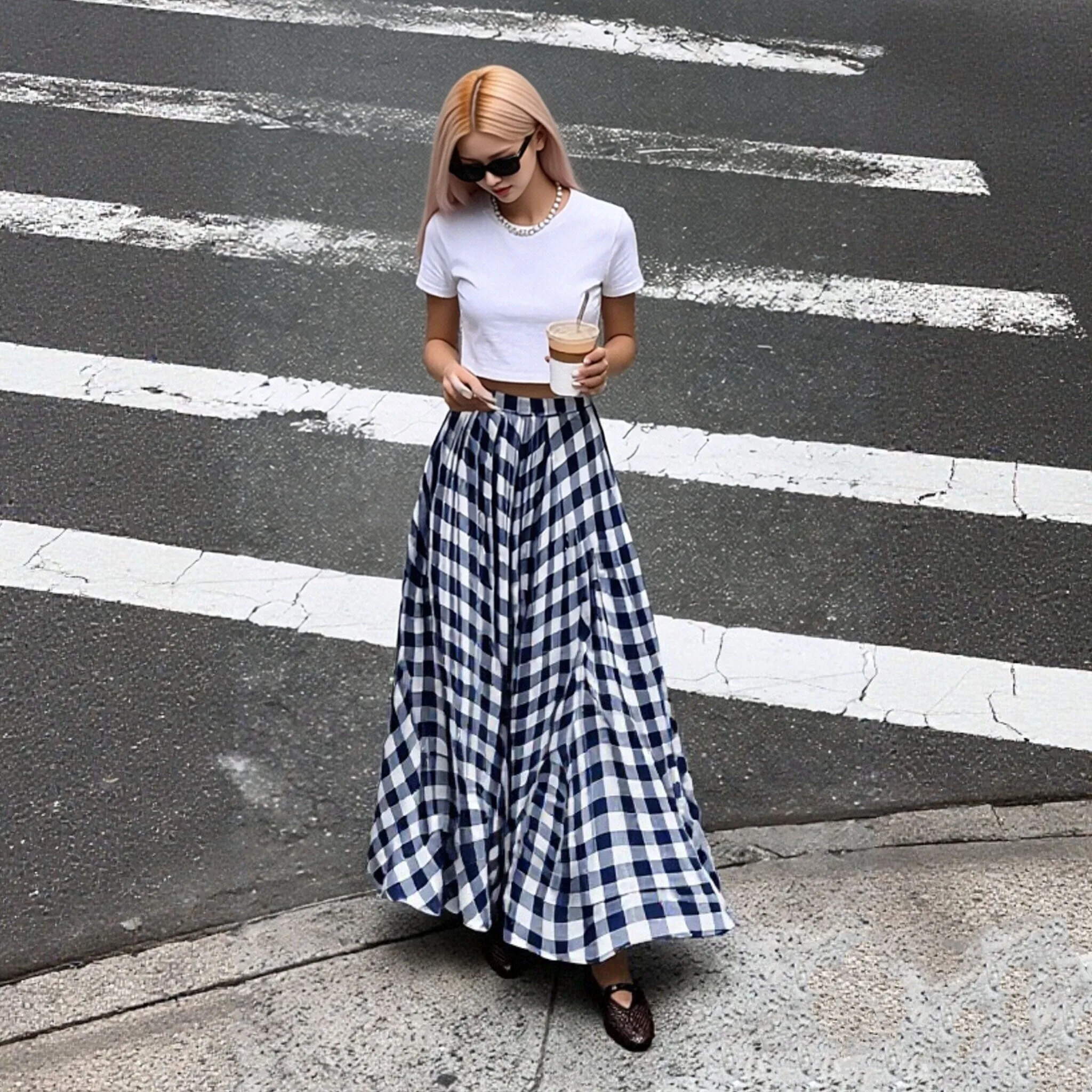 Breathable Skirt Women’s Plaid Maxi Skirt Elastic Waist Long Skirt Flowy Hem Lightweight Summer for Beach Travel Vacation