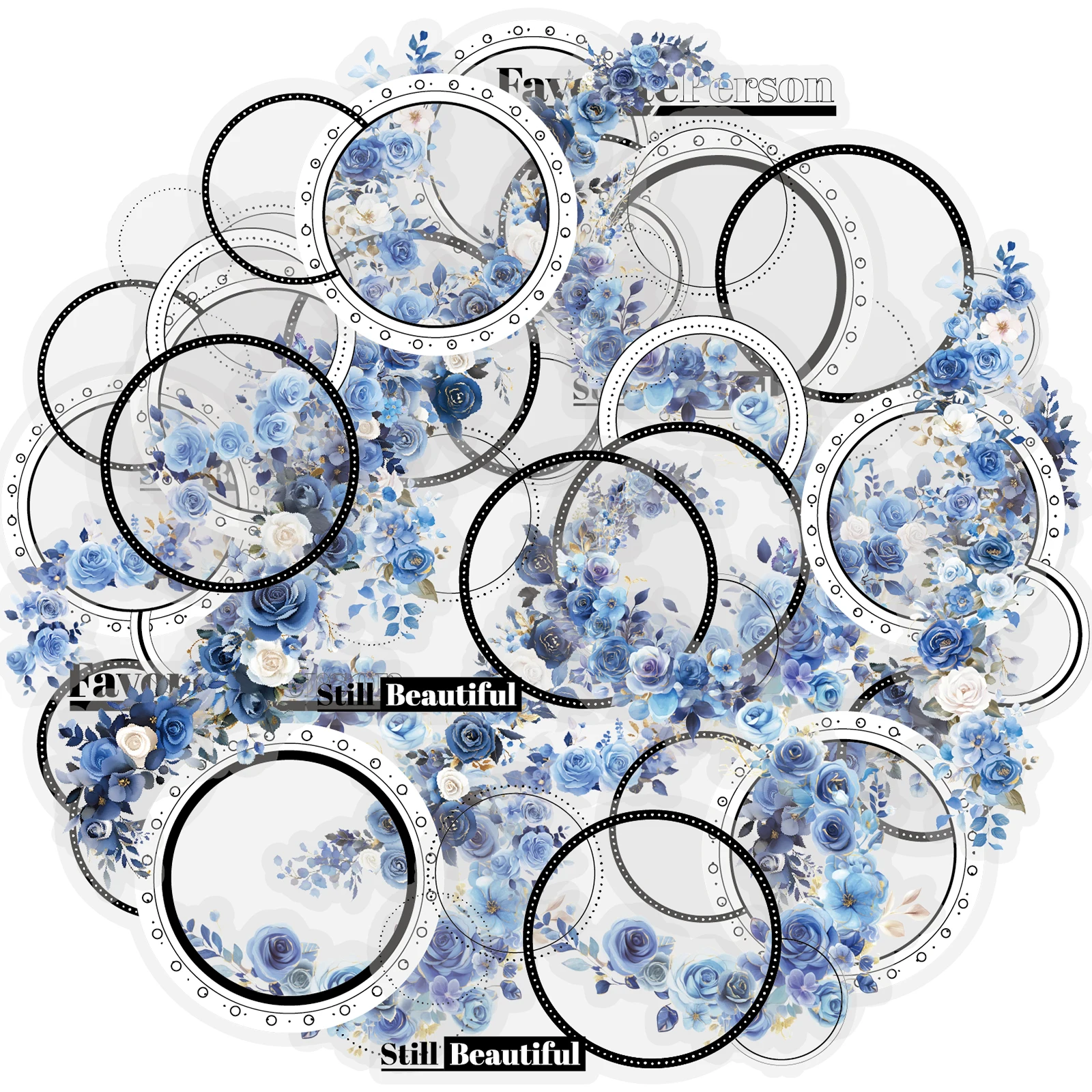 Etori Life Fall in Love Blues Floral Vine Black and White Round Border Pet Stickers 20 Sheets for Notebook Collage Decoration, Laptop Stickers, Office Decoration Accessories, Handmade Scrapbooking Supplies, Pencil Cases, Stamp Pads, DIY Diary, Student Gift Paper Bags, Stationery Stickers, School Supplies, Back-To-School Season, Gifts for Friends