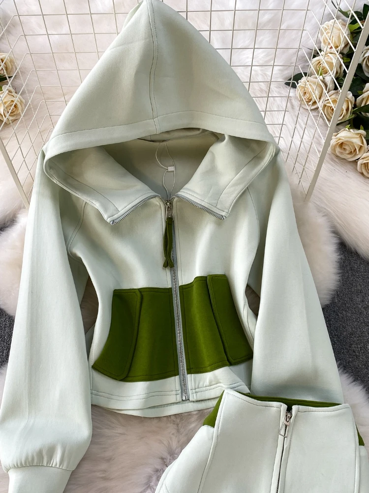 طقم رياضي كاجوال مكون من قطعتين تصميم خريفي للسيدات جاكيت بقلنسوة وسحاب ملون متباين + بنطال تنحيف عالي الخصر #6