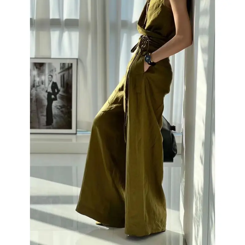 2024 Summer Design Sense Fashion Set New Chinese Style Chinese Style Pan Button  Green Vest Wide Leg Pants Two Piece Set