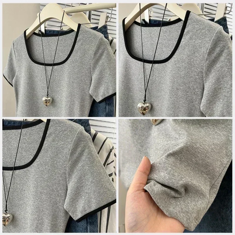 Feminino verão colheita topos de algodão sólido camisetas femininas esportivas manga curta moda casual branco preto roupas magro o-pescoço