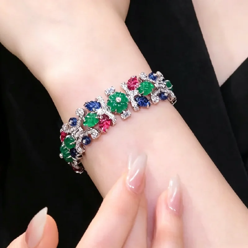 Cameo 925 Silver Synthetic Zircon Bracelet Fashion Sapphire Emerald Ruby Carving Leaves Light Luxury Colored Bracelet