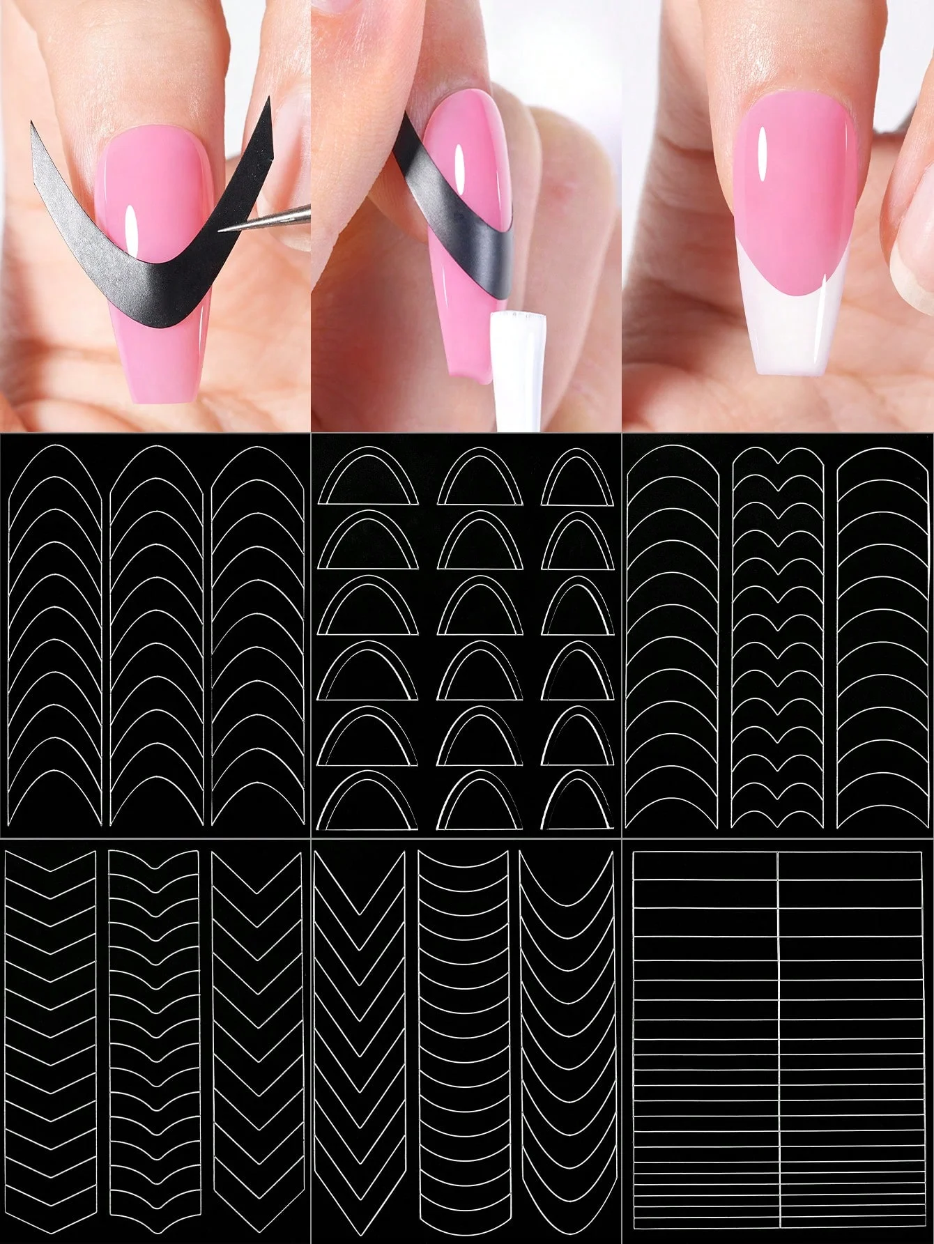 1pc 6 Style Hollow out French Manicure Nail Art Stickers, V-Shaped Strip-Type Simple Design Self-Adhesive Nail Tips Guides Frenc