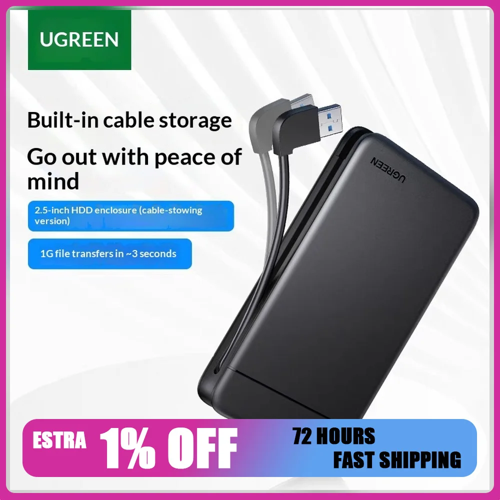 UGREEN CM352 10904 2.5 Inch SATA to USB 3.0 Hard Drive Enclosure with Built In Cable External HDD SSD Case