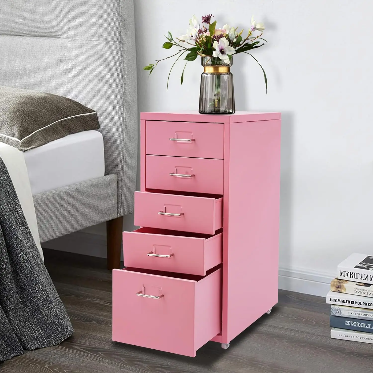 Metal File Storage Cabinet, 5 Drawer Vertical Filing Cabinets with Wheels Under Desk Storage Drawers, 11 * 16.1 * 27.1in Mobile File Cabinets Under Desk Cabinet for Bedroom, Office (Pink)