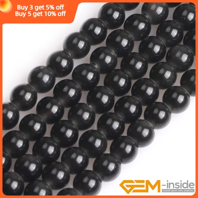 1.5mm-2mm Big Hole Selectable size: 6mm 8mm 10mm 12mm Natural Round Black Obsidian Beads For Jewelry Making 15