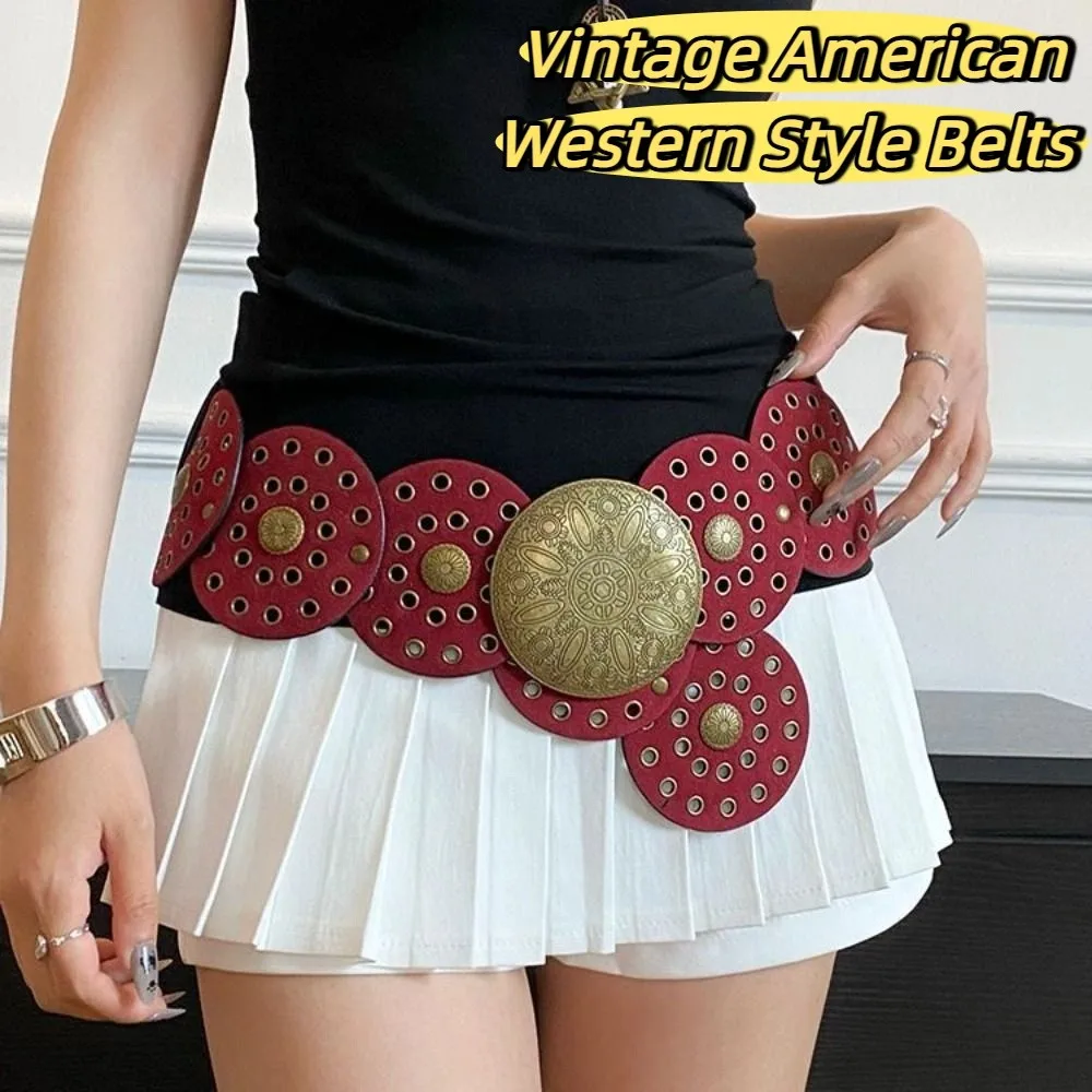 

Vintage Metal Round Buckle Belts Wide Y2K Metal Buckle Belts Western Style Baroque Style Cowboy Waistband Women