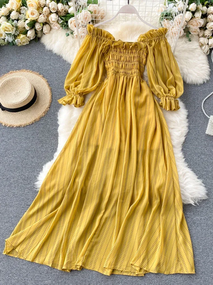 Summer Women\'s Dress New Square Collar Wooden Ear Bubble Sleeve Dress Korean Style Waist Slim Chiffon Female Dresses GX087