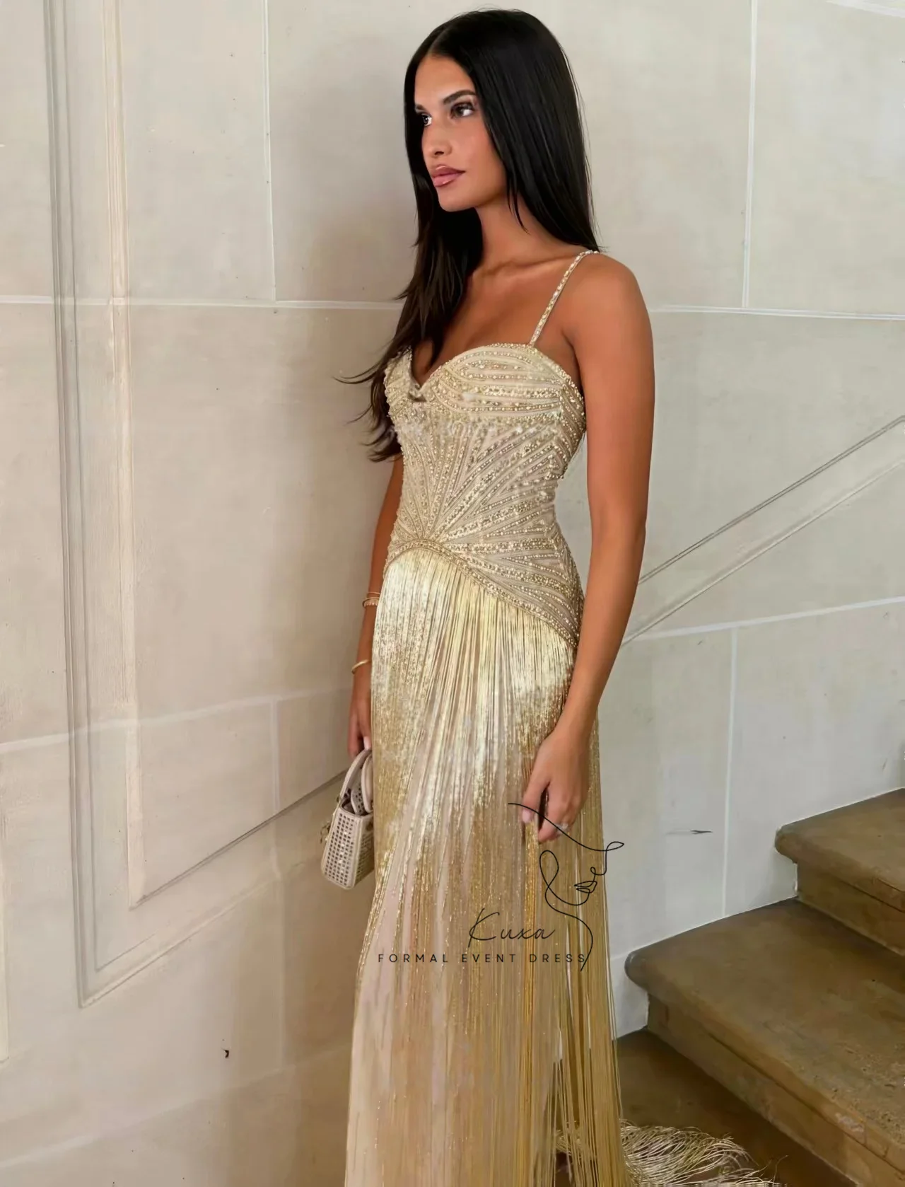 KUXA Exquisite Tassel Golden Evening Dress Sweetheart Beading Straps Floor Length Wedding Party Dresses Customized Prom Gowns image 2