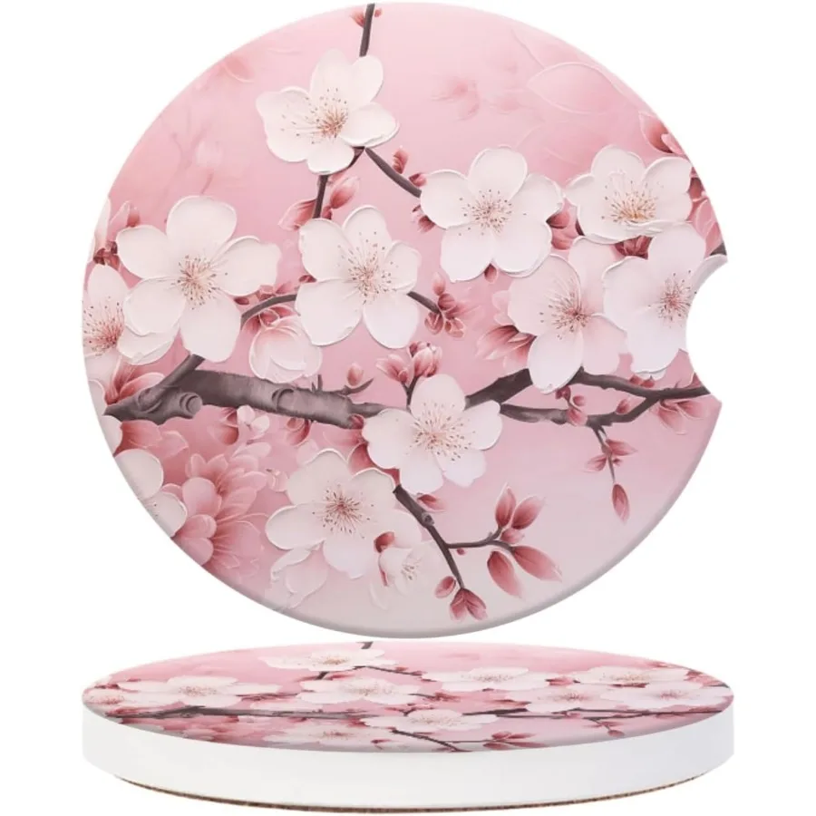 

Cup Holder for CarPink Floral Blooming Print Ceramic Coasters Non-Slip Cup Holder Insert with Fingertip Grip Auto Interior Acce