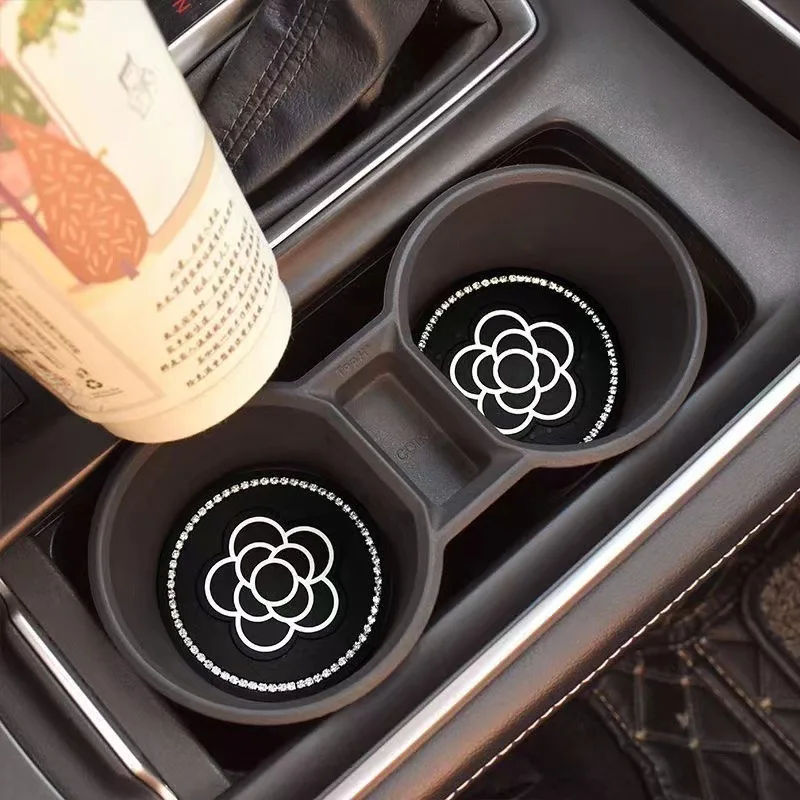

2 pieces of camellia car cup holder coaster, silicone anti-slip shiny crystal drink car cup pad, car anti-slip pad, interior