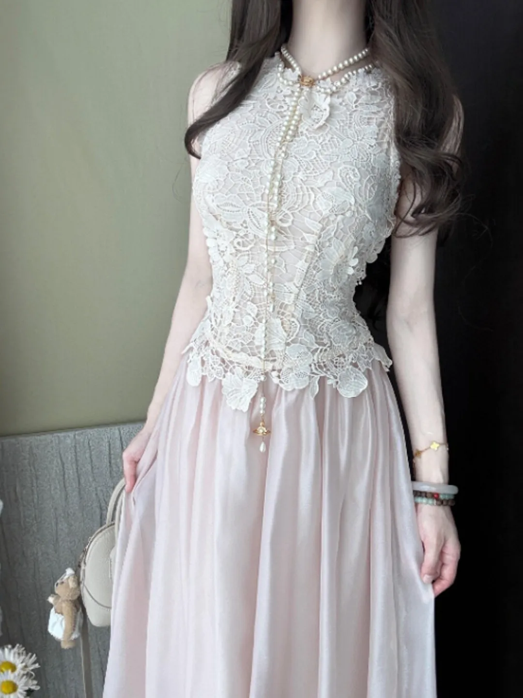 

Elegant Lace Splice Slim Fit Summer Dress Design Sense Strapless Waist Cinched Cotton Blend Casual City Commute Business Dress