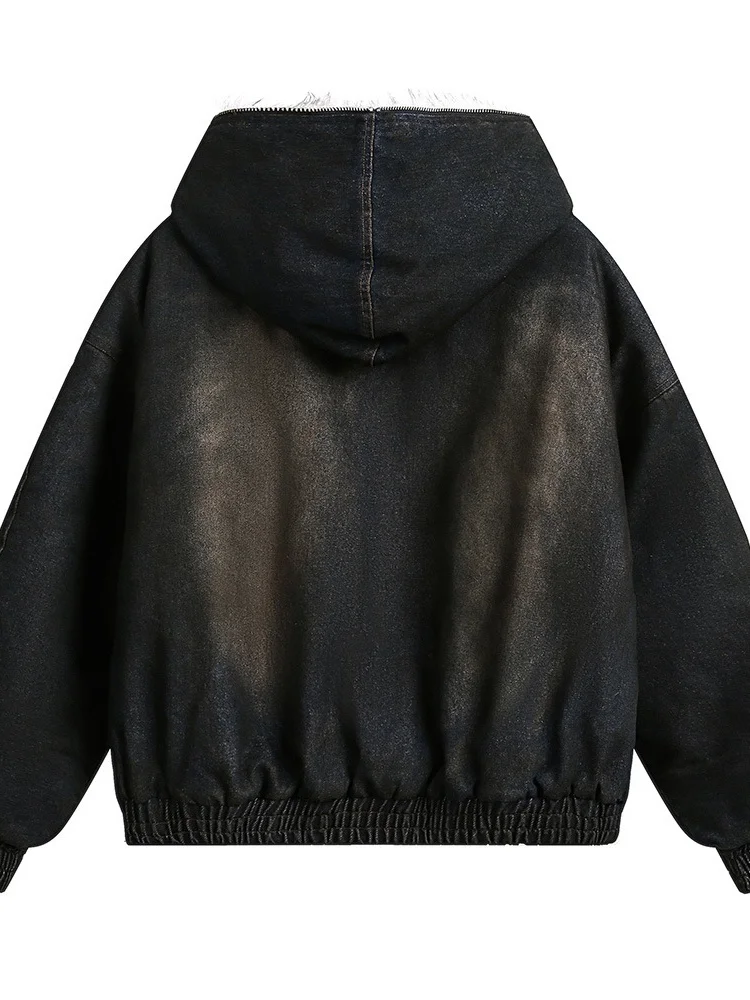 Unsiex Faux Fur Parkas 2025 Winter New Men's Denim Jacket Faux Fur Collar Hooded Loose Trendy Pocket Detail Warm Puffer Coat