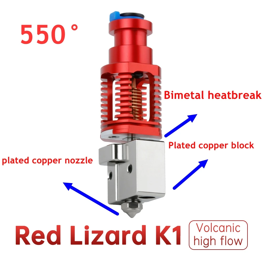 

Red Lizard K1 V6 Volcano Hotend Plated Copper for Creality Voron 2.4 Prusa I3 MK3 Titan BMG Ender3 V2 Ender 5 Cr10S 3D Printer