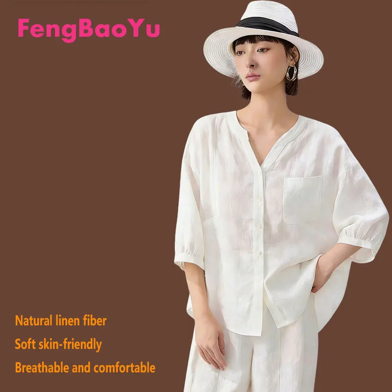 

Fengbaoyu 100% Natural Linen Women's Shirt Seven-Sleeve V-Neck Top Simple and Loose Large Size Comfortable Women's Shirt