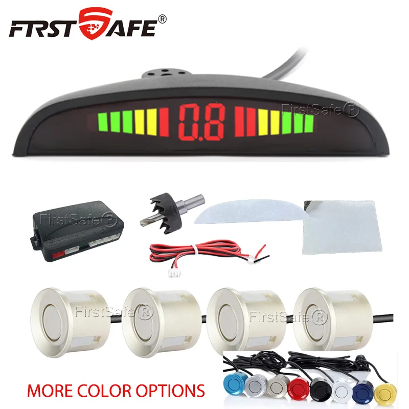 FirstSafe Factory Auto-LED-Parksensor-Kit, 4 Sensoren, 22 mm Hintergrundbeleuchtung, Display, Reverse-Radar-Kit, Monitorsystem, 12 V, 13 Farben