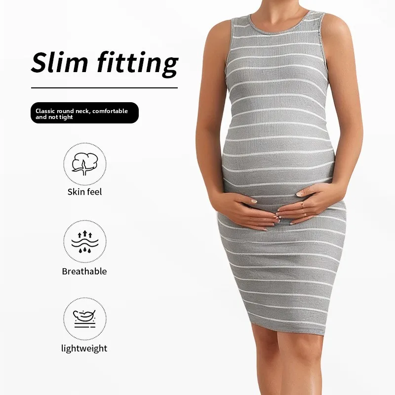 

Summer Pregnant Women Casual Striped Sleeveless Bodycon Dress Stretchy European-style Maternity Wear Woman Round Neckline Dress