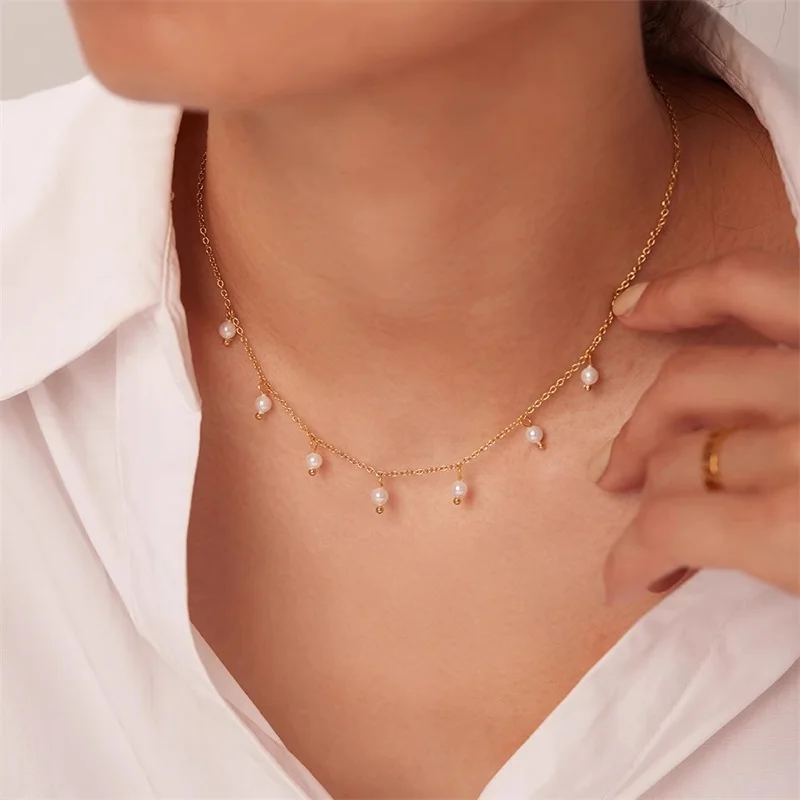 EILIECK 316L Stainless Steel Simple Zirconia Pearl Pendant Necklace For Women Fashion Collar Neck Chain Waterproof Jewelry Gift