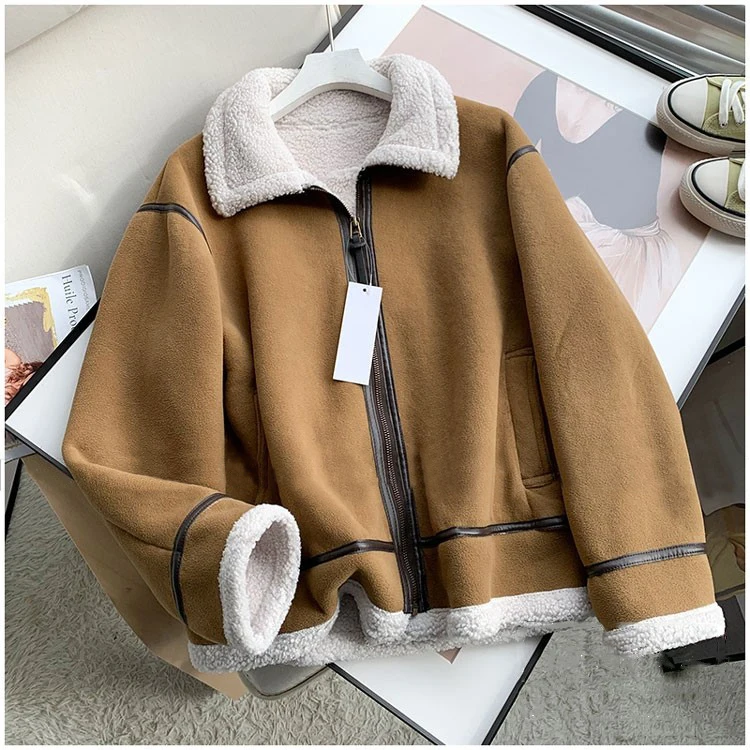 Women Faux Shearling Black Leather Jackets Outwear Short Motorcycle Biker Coat Winter Thick Parka Warm Suede Lamb Fur Wool