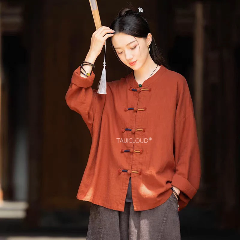 

Комплект халатов в буддийском стиле Zen — женский осенний хлопково-льняной кардиган с пуговицами в виде лягушки, китайская чайная церемония и верхняя одежда тай-чи