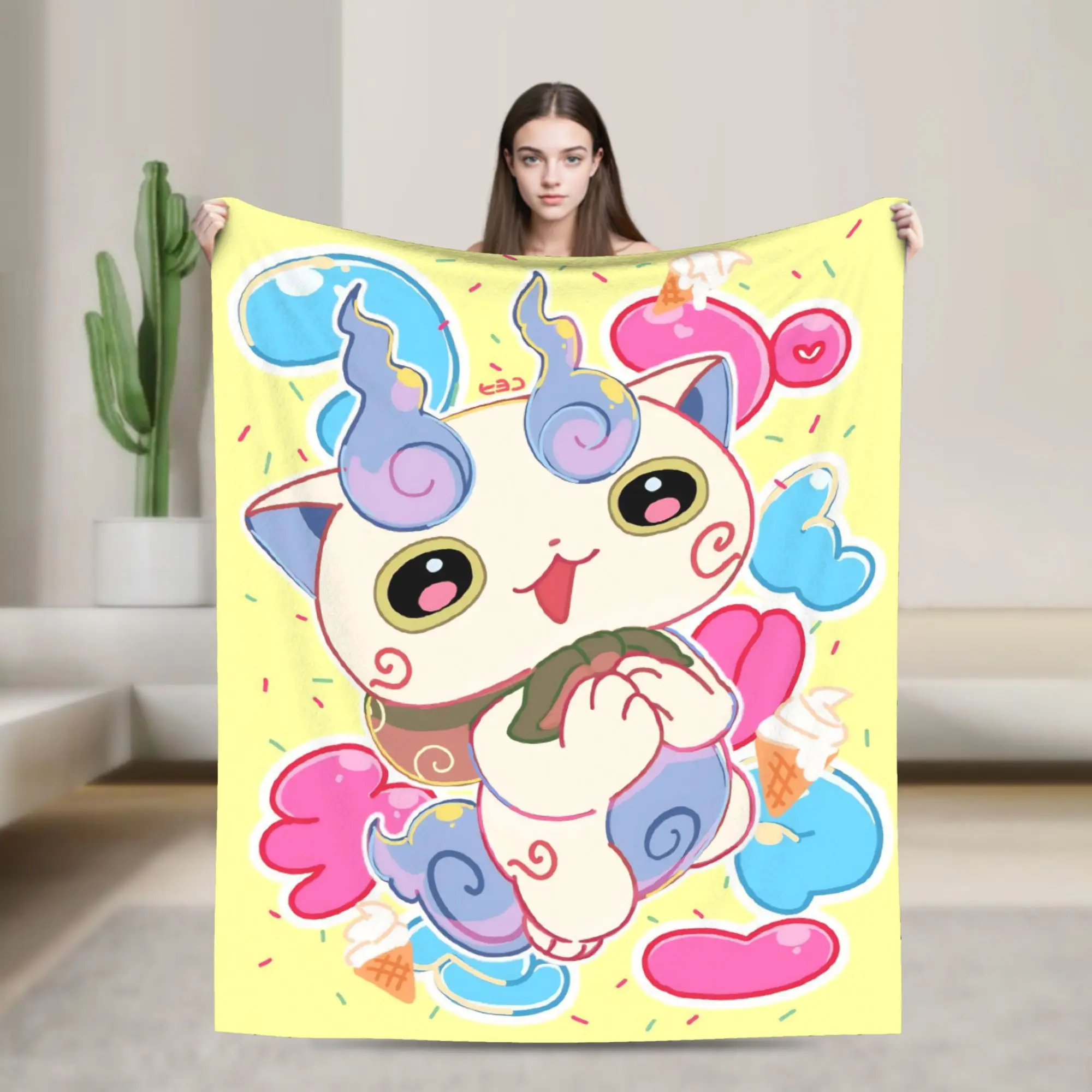 Yokai Watch Game Blanket Cute Komasan Fuzzy Throw Blanket Home Couch Printed Ultra-Soft Warm Bedspread