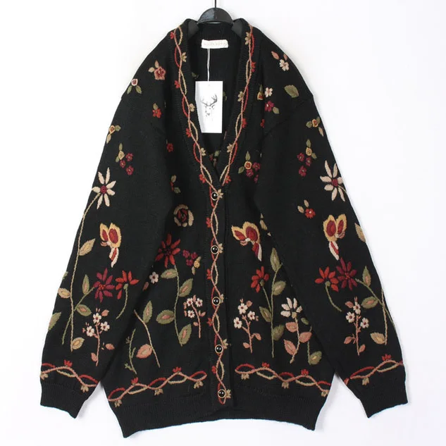 

Sweet Ethnic Style Hooked Flower Woolen Sweater Coat Vintage One-Off Japanese Harajuku Style Commute Loose Long Sleeve V-Neck