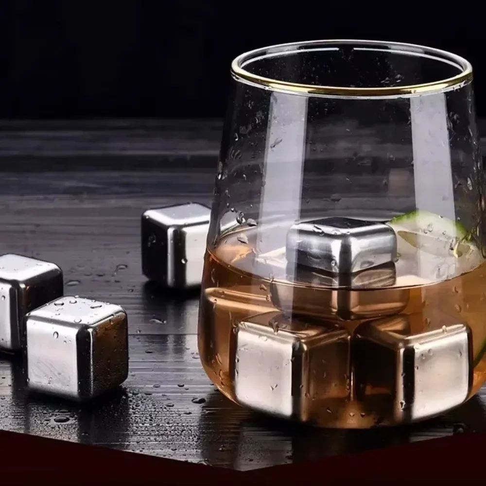 HOT SALE NEW 2024 New 304 Stainless Steel Ice Cube Ice Wine Stone Ice Ball Whiskey Metal Cube Set with Clip Bar Wine Set