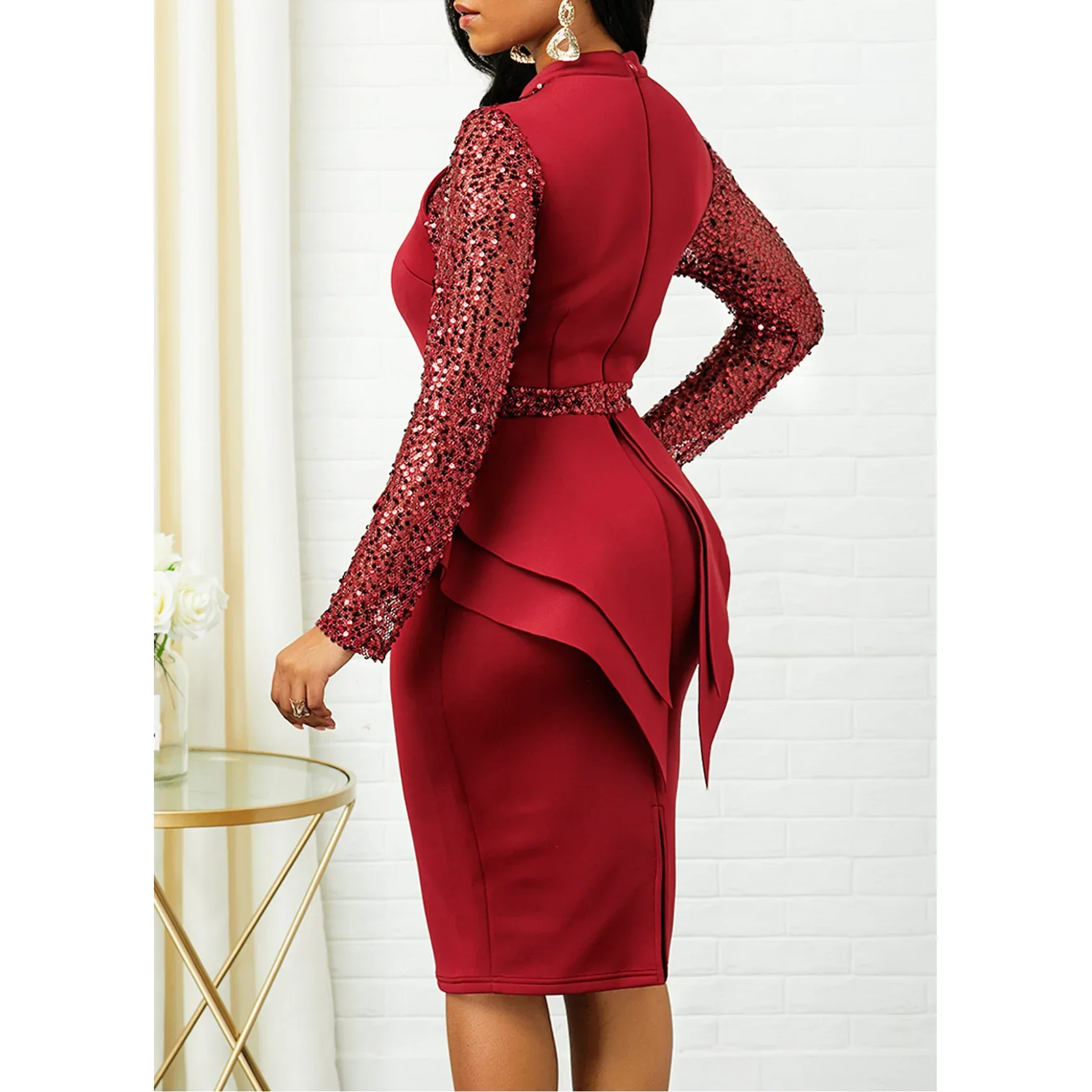 Afrikaanse Jurken Voor Vrouwen Lente Sexy Lovertjes Lange Mouw Partij Vrouwen Casual Plus Size Slanke Ruches Kantoor Potlood Bodycon Jurk