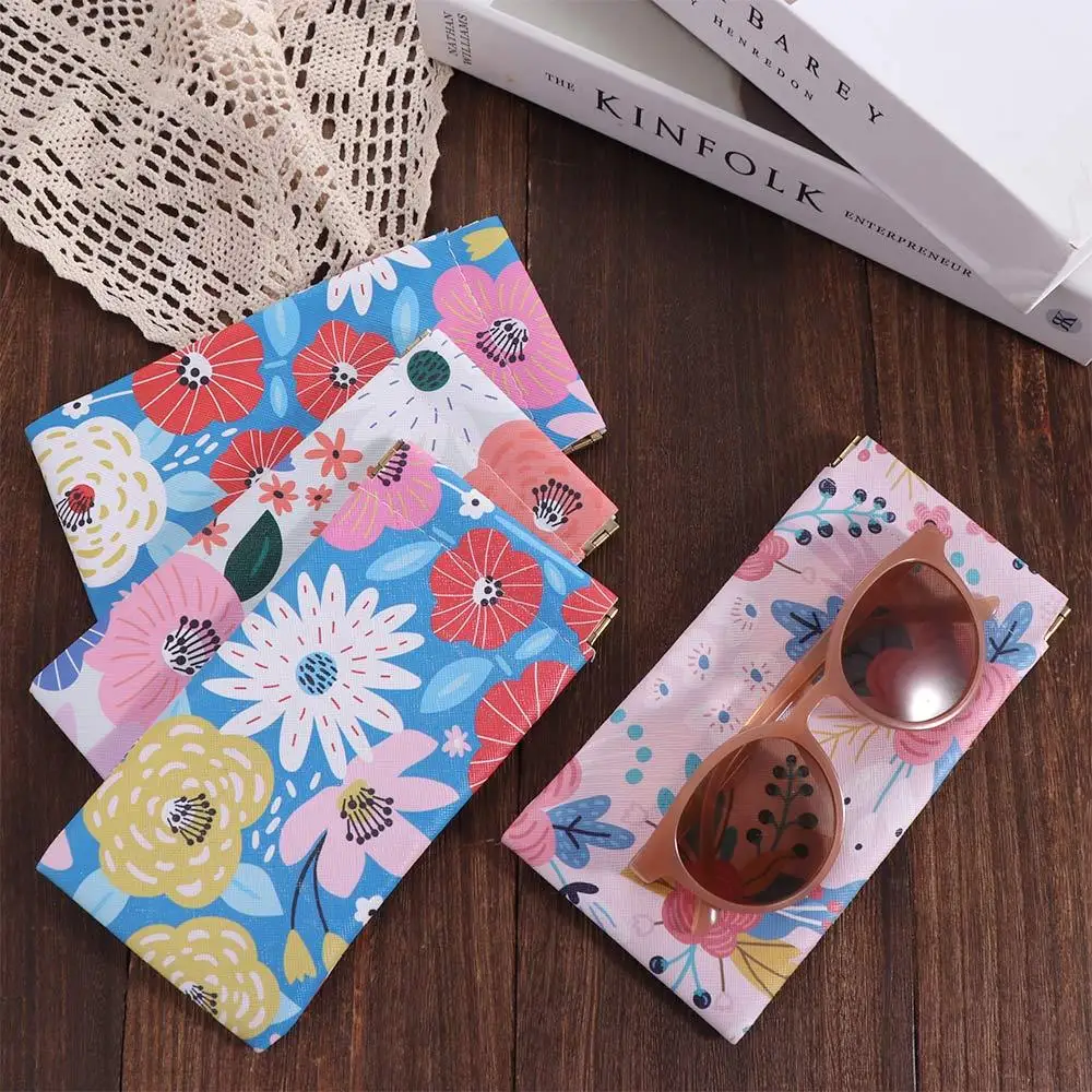 Flower Self-closing Eyewear Case Sunglasses Pouch Fresh Style PU Leather Glasses Bag Korean Style Glasses Clip