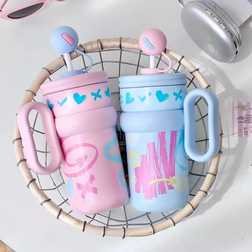 

Stylish Stainless Steel Thermal Water Bottle 540ML Large Capacity Thermos Cup Cute with Straw Cartoon Water Bottle Office
