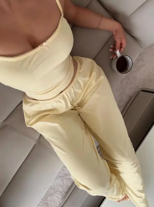 

Summer Women's Home 2-Piece Round Neck Hollowed Out Edge Sleeveless Camisole Top and High Waisted Straight Leg Pants Set