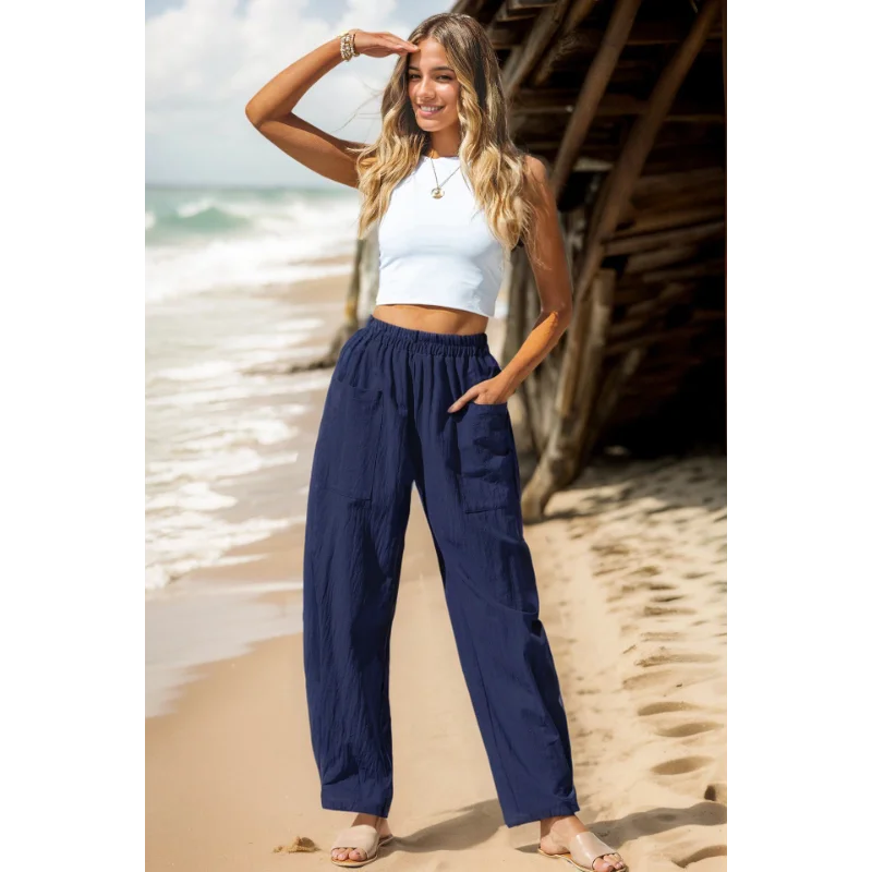 المرأة 2025 المرأة القطن الكتان سراويل تقليدية منتجع نمط مرونة الخصر الموز السراويل حقيبة البضائع #3