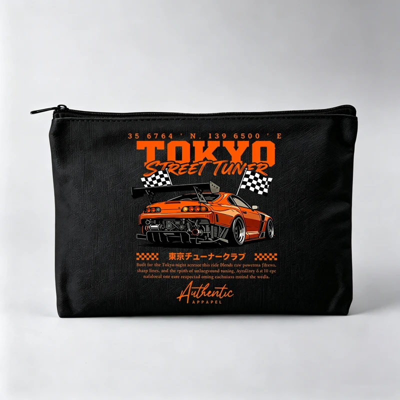 Women's Racing Car Graphic Makeup Bag with Typography Print, Streetwear Style Cosmetic Pouch for Daily Use