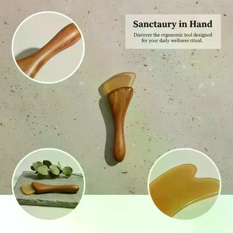 Natural Sheep Horn Gua Sha Tool With Non Slip Wooden Handle Skin Friendly For Facial Massage Home Use