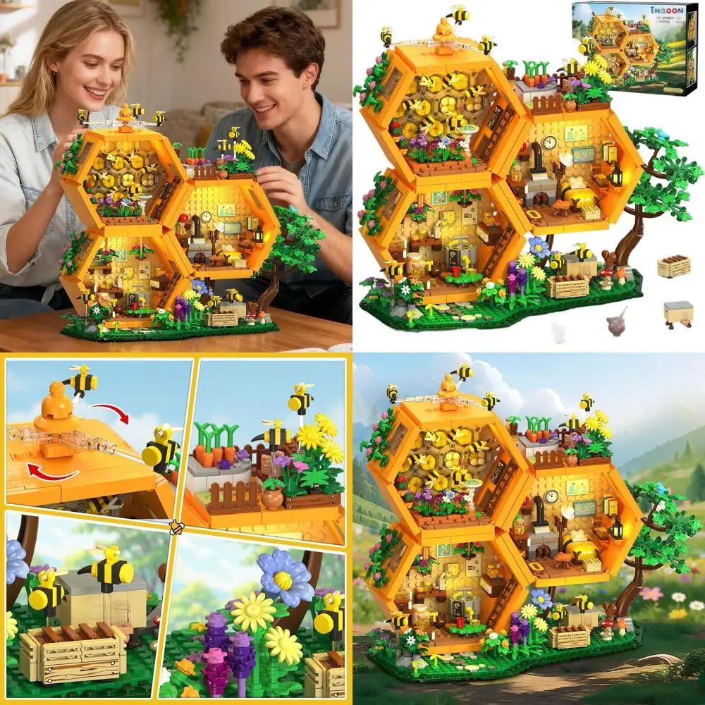 ライト付き蜂の巣ビルディングキット、1704ピースのハニーキャビンブロックセット、花、動物、ツリーハウス付き、大人と12歳以上の子供向け