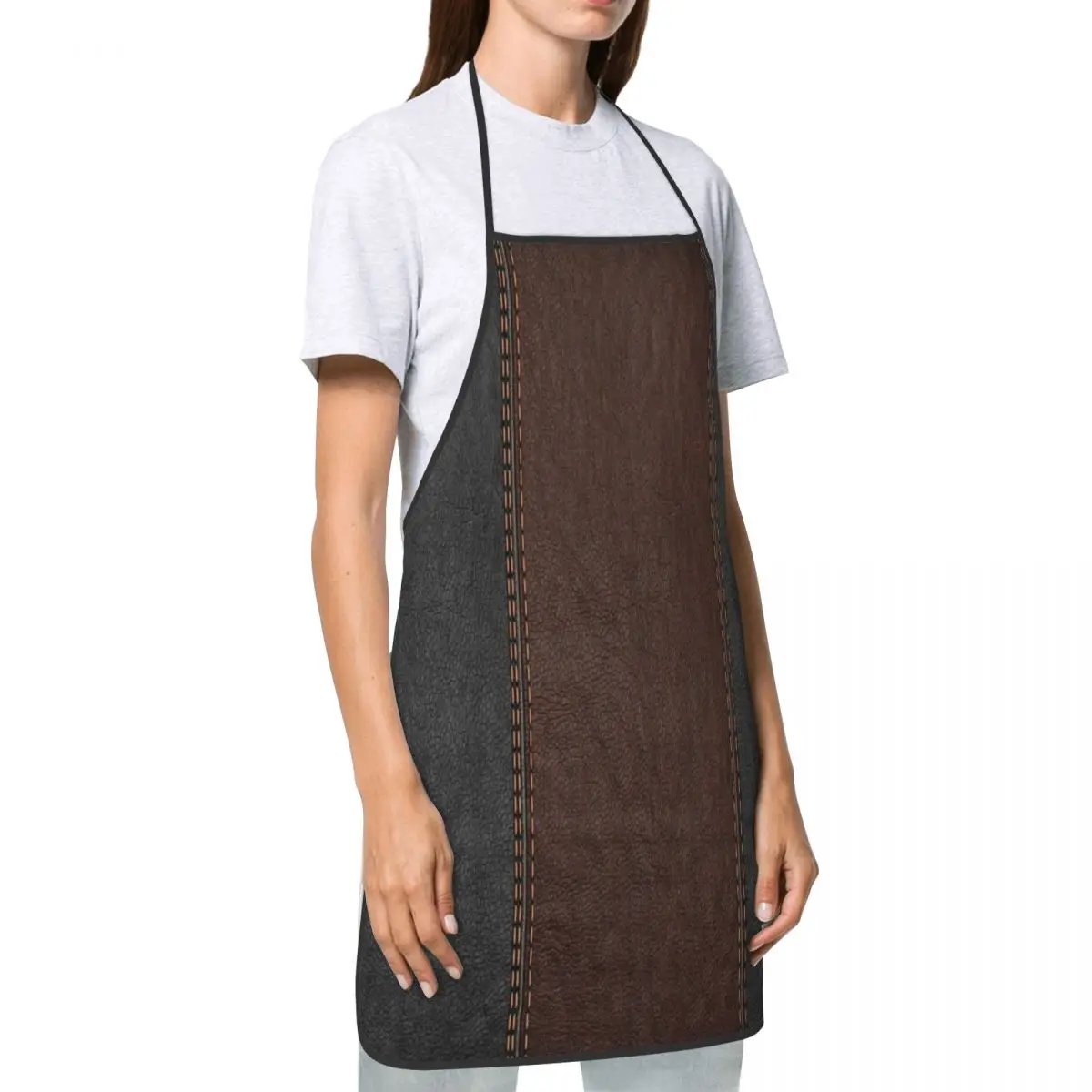 Vintage Black And Brown Stitched Leather Print Apron Women Men Bib Medieval Style Cooking Kitchen Tablier Cuisine Chef Baking