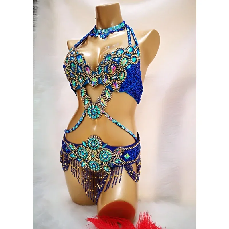 Hot Sale Women's Beaded Crystal Belly Dance Costume Wear Bra+Belt+Necklace 3pc Set Sexy Bellydancing Suit Bellydance Clothes